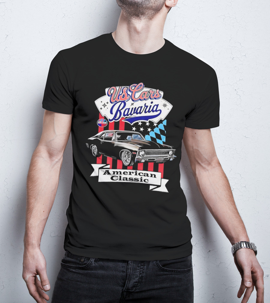 US Cars Bavaria American Classic With Black Muscle Car And Checkered Flags T-Shirt