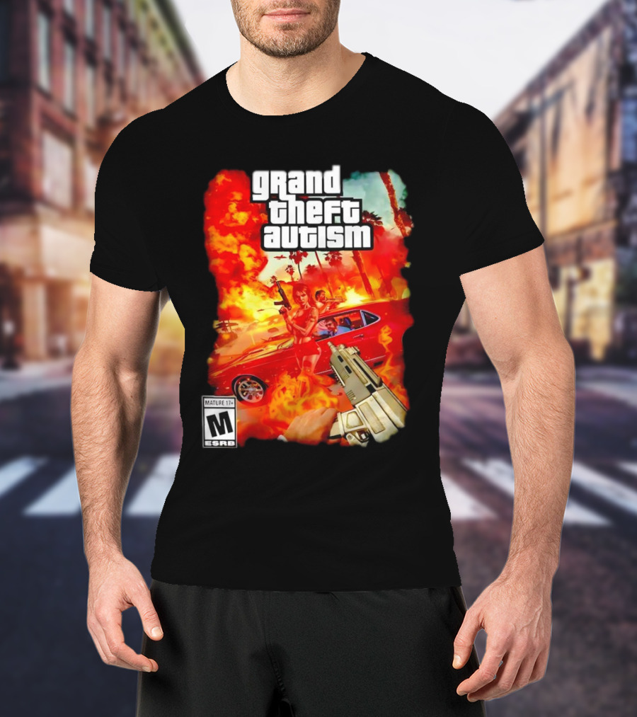 Grand Theft Autism Video Game Cover Parody With Car And Weapon T-Shirt