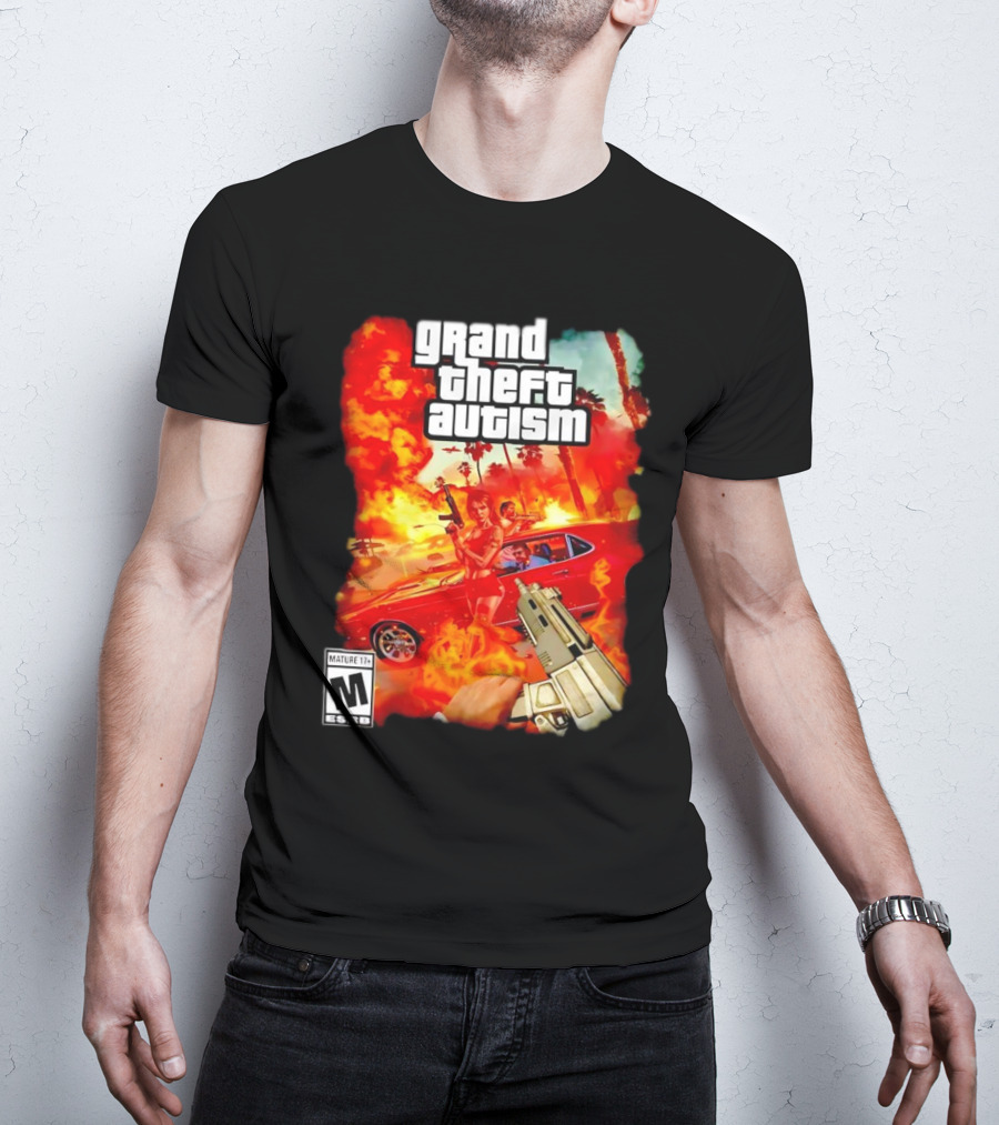 Grand Theft Autism Video Game Cover Parody With Car And Weapon T-Shirt