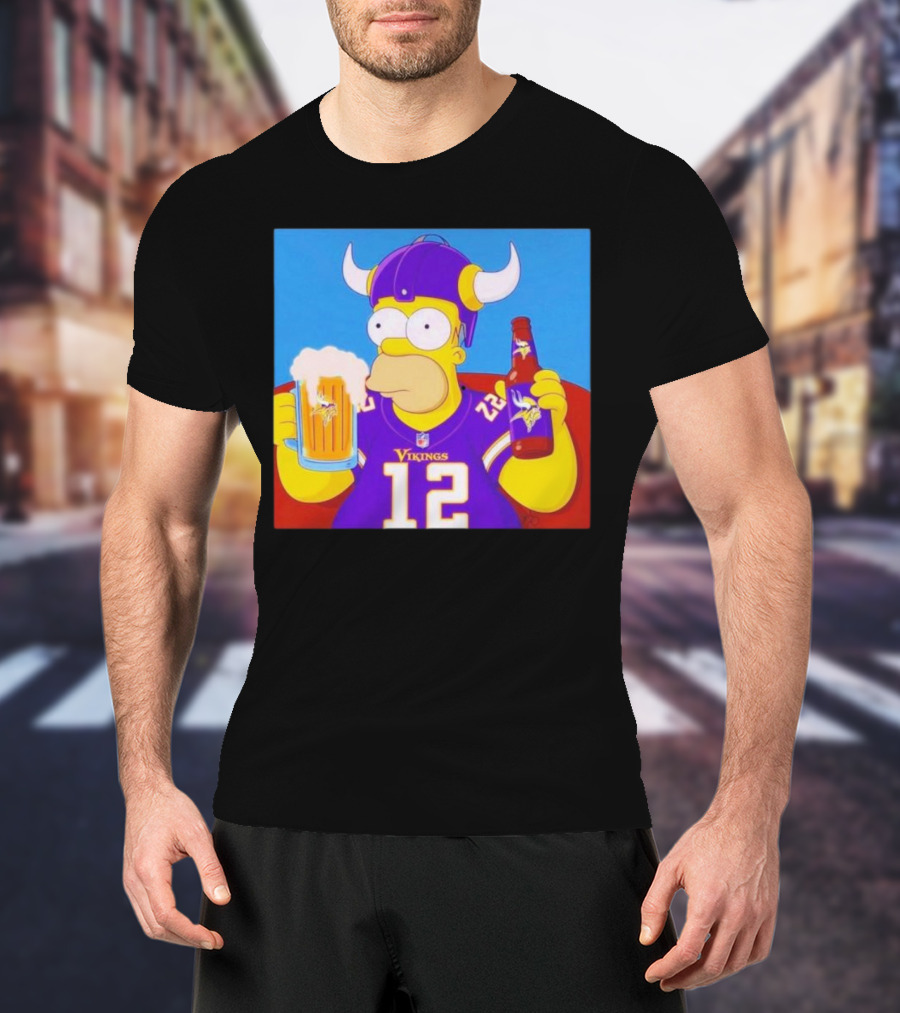 Homer Simpson In Minnesota Vikings Gear Drinking Beer T-Shirt