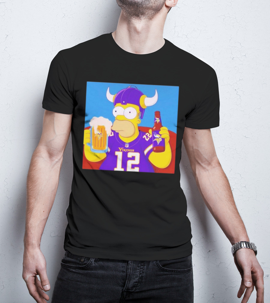 Homer Simpson In Minnesota Vikings Gear Drinking Beer T-Shirt