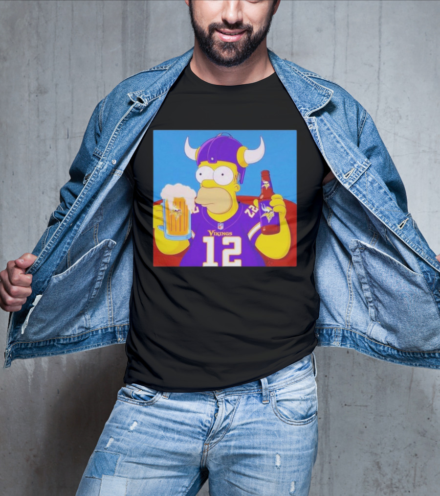 Homer Simpson In Minnesota Vikings Gear Drinking Beer T-Shirt