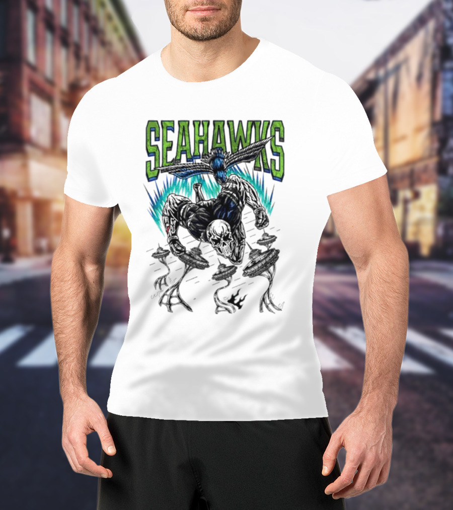 Seattle Seahawks Skeleton With Winged Bird And Blue Flames T-Shirt