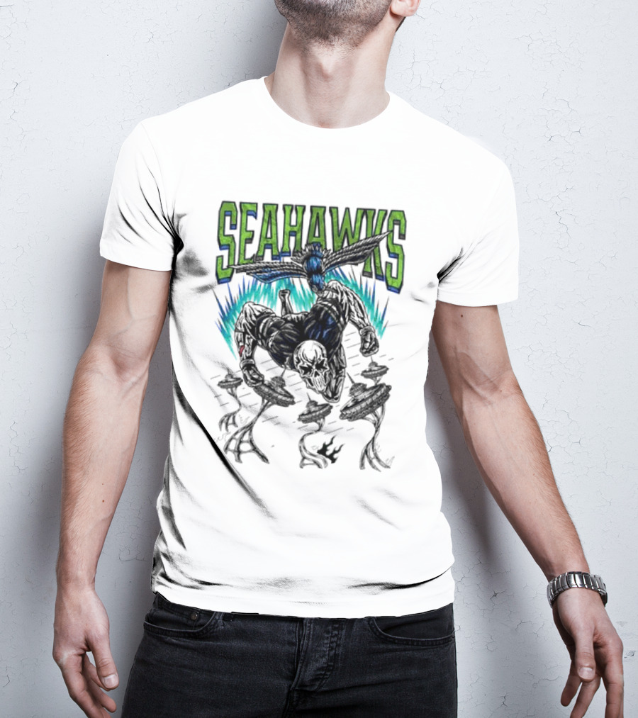 Seattle Seahawks Skeleton With Winged Bird And Blue Flames T-Shirt