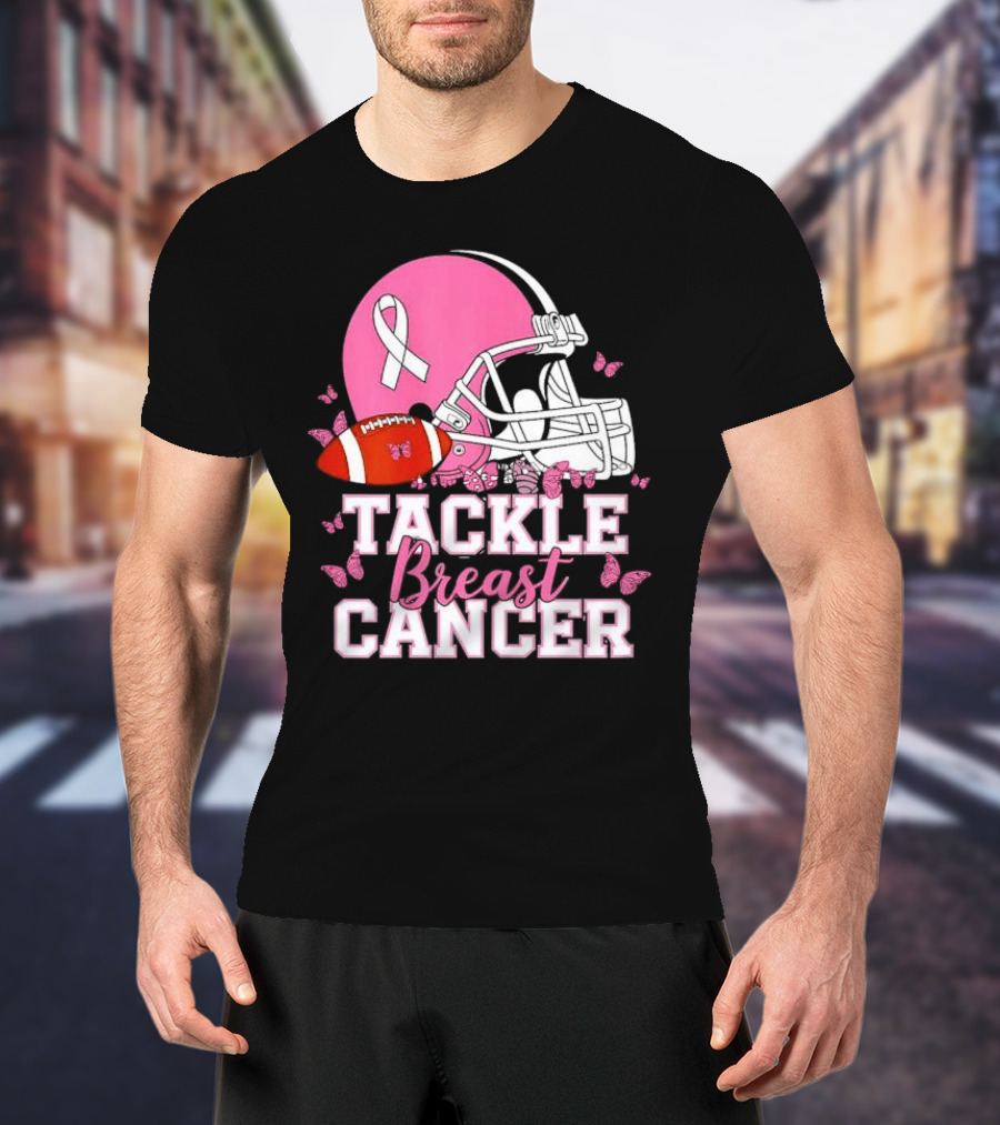 Tackle Breast Cancer Awareness Pink Football Helmet Ribbon Butterflies T-Shirt