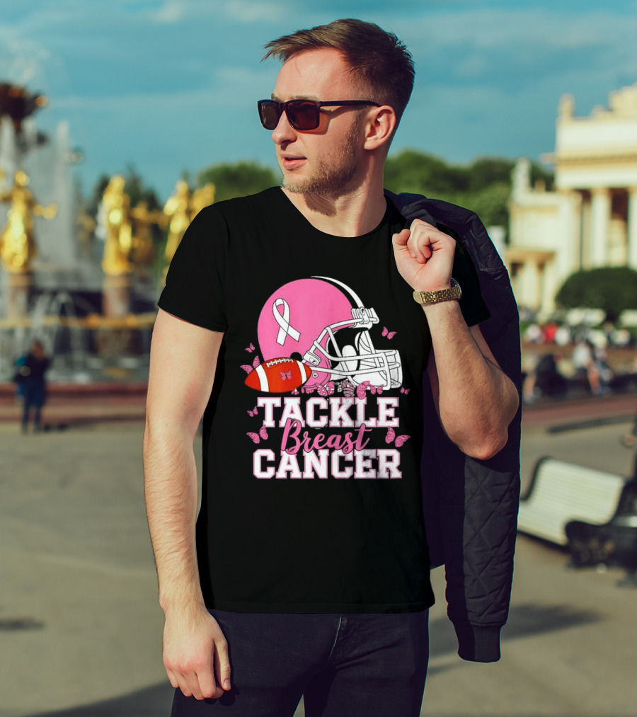 Tackle Breast Cancer Awareness Pink Football Helmet Ribbon Butterflies T-Shirt
