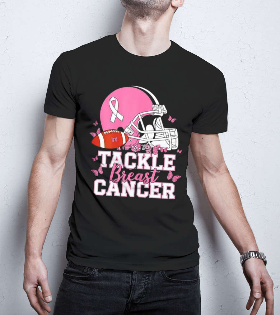 Tackle Breast Cancer Awareness Pink Football Helmet Ribbon Butterflies T-Shirt