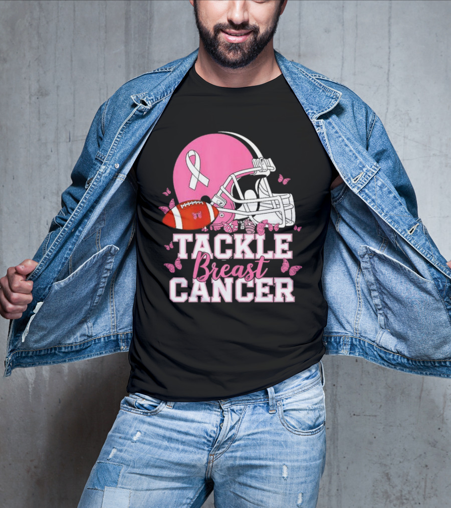 Tackle Breast Cancer Awareness Pink Football Helmet Ribbon Butterflies T-Shirt