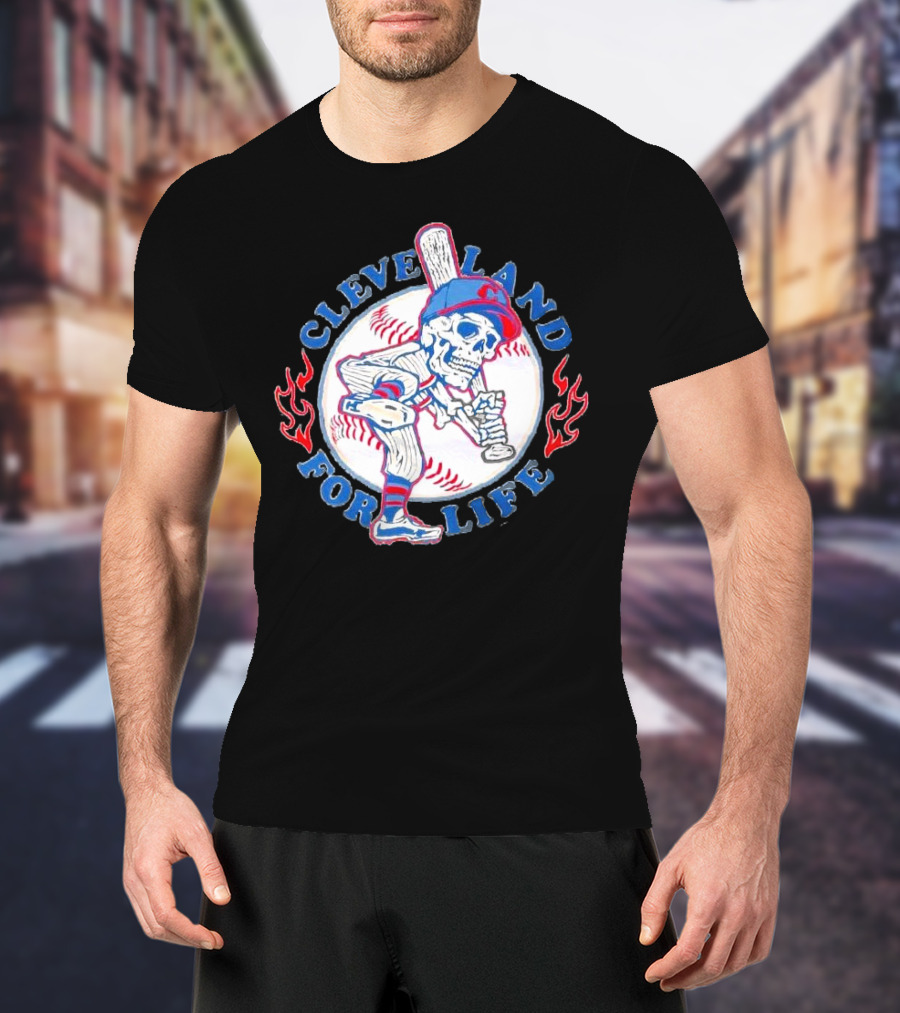 Cleveland Guardians For Life Skeleton Baseball Player Flames T-Shirt