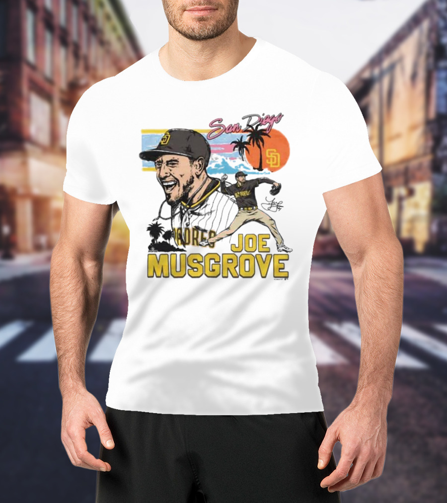Joe Musgrove San Diego Padres Sunset Palm Trees Signature Caricature T-Shirt