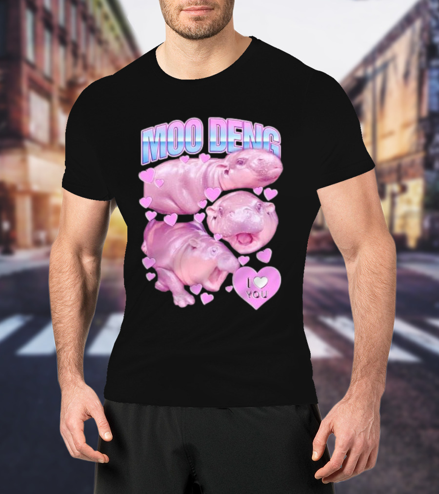Moo Deng I Love You Pink Hippo Hearts T-Shirt