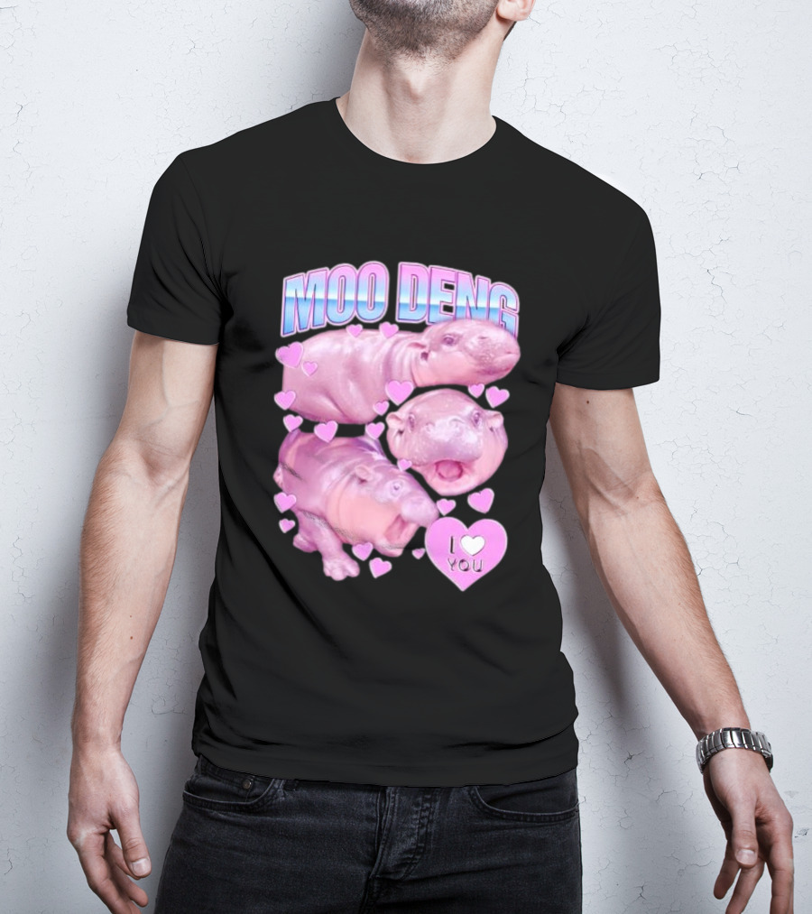 Moo Deng I Love You Pink Hippo Hearts T-Shirt