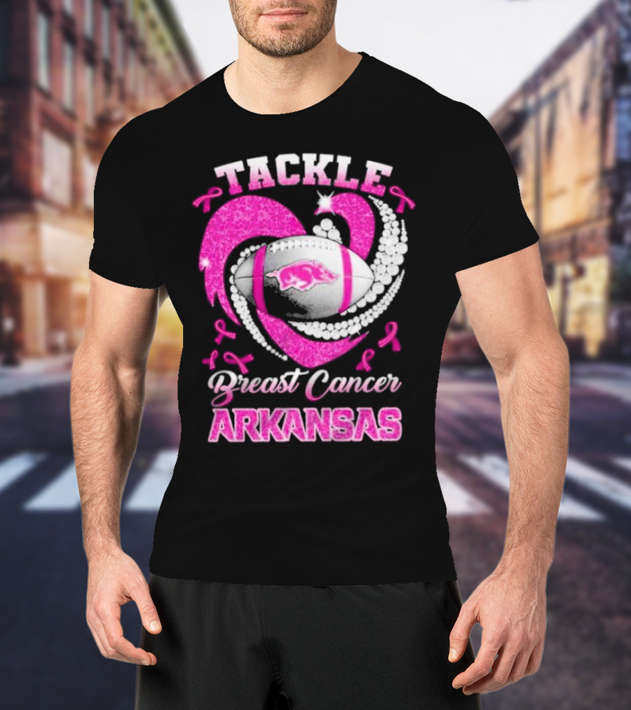 Arkansas Razorbacks Tackle Breast Cancer Pink Ribbon Heart Football T-Shirt