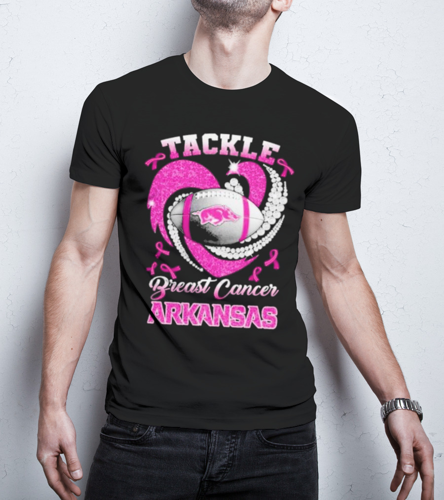 Arkansas Razorbacks Tackle Breast Cancer Pink Ribbon Heart Football T-Shirt