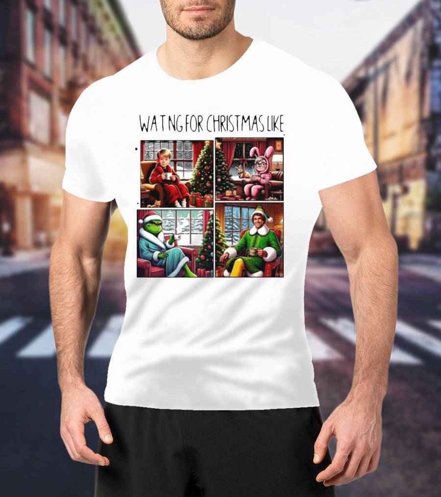 Waiting For Christmas Like Iconic Holiday Characters With Christmas Tree And Cozy Living Room Scene T-Shirt