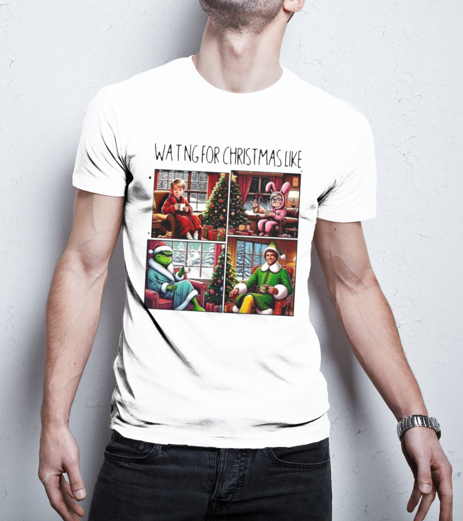 Waiting For Christmas Like Iconic Holiday Characters With Christmas Tree And Cozy Living Room Scene T-Shirt