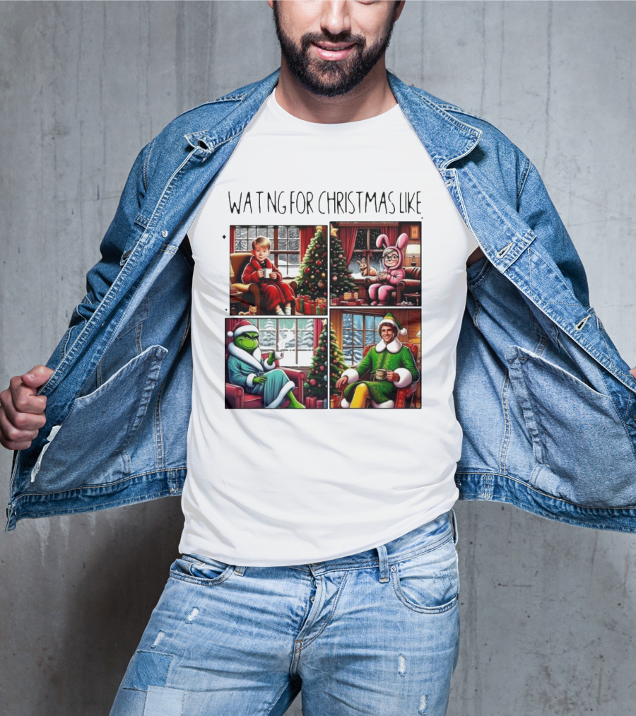 Waiting For Christmas Like Iconic Holiday Characters With Christmas Tree And Cozy Living Room Scene T-Shirt