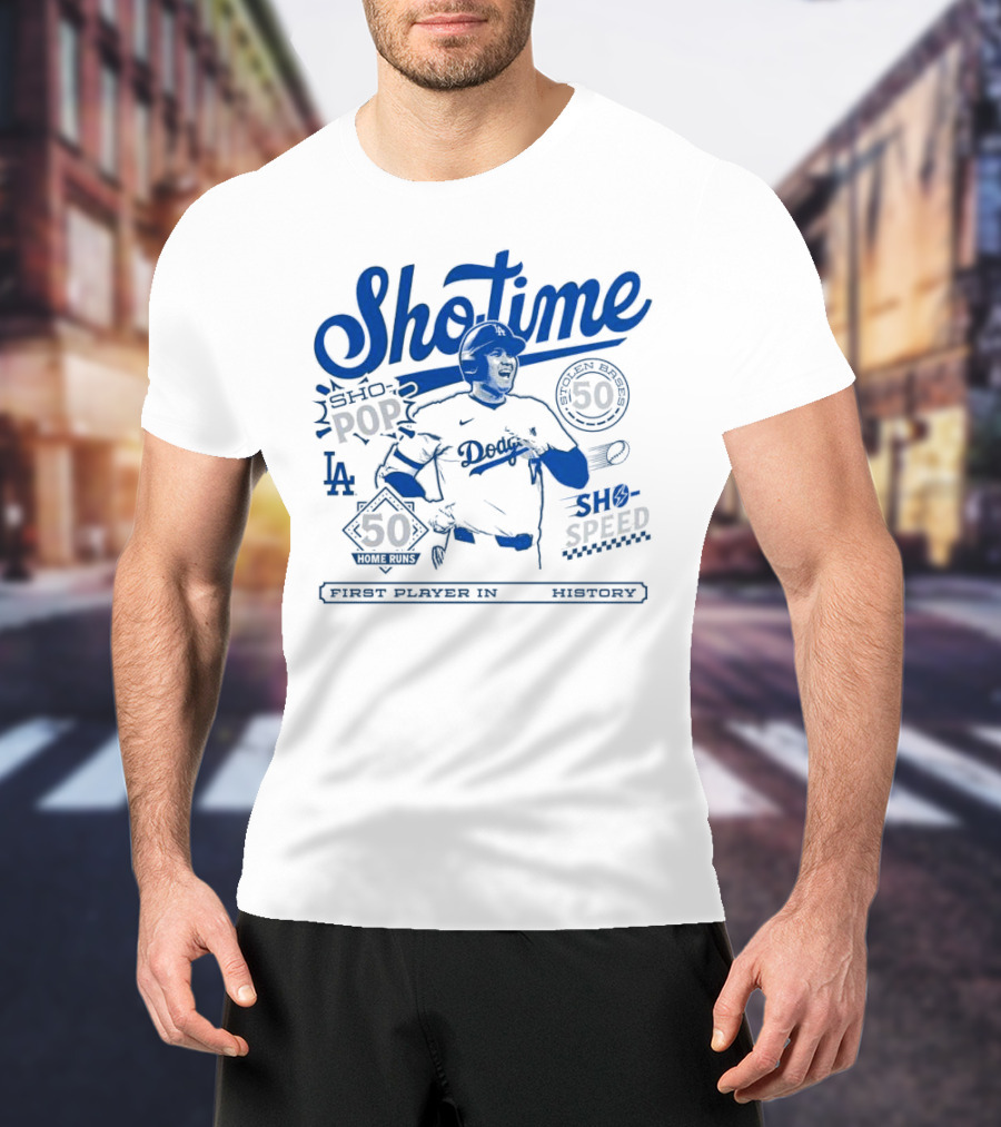 Shohei Ohtani Showtime Los Angeles Dodgers 50 Home Runs 50 Stolen Bases Sho Pop Sho Speed First Player In History T-Shirt