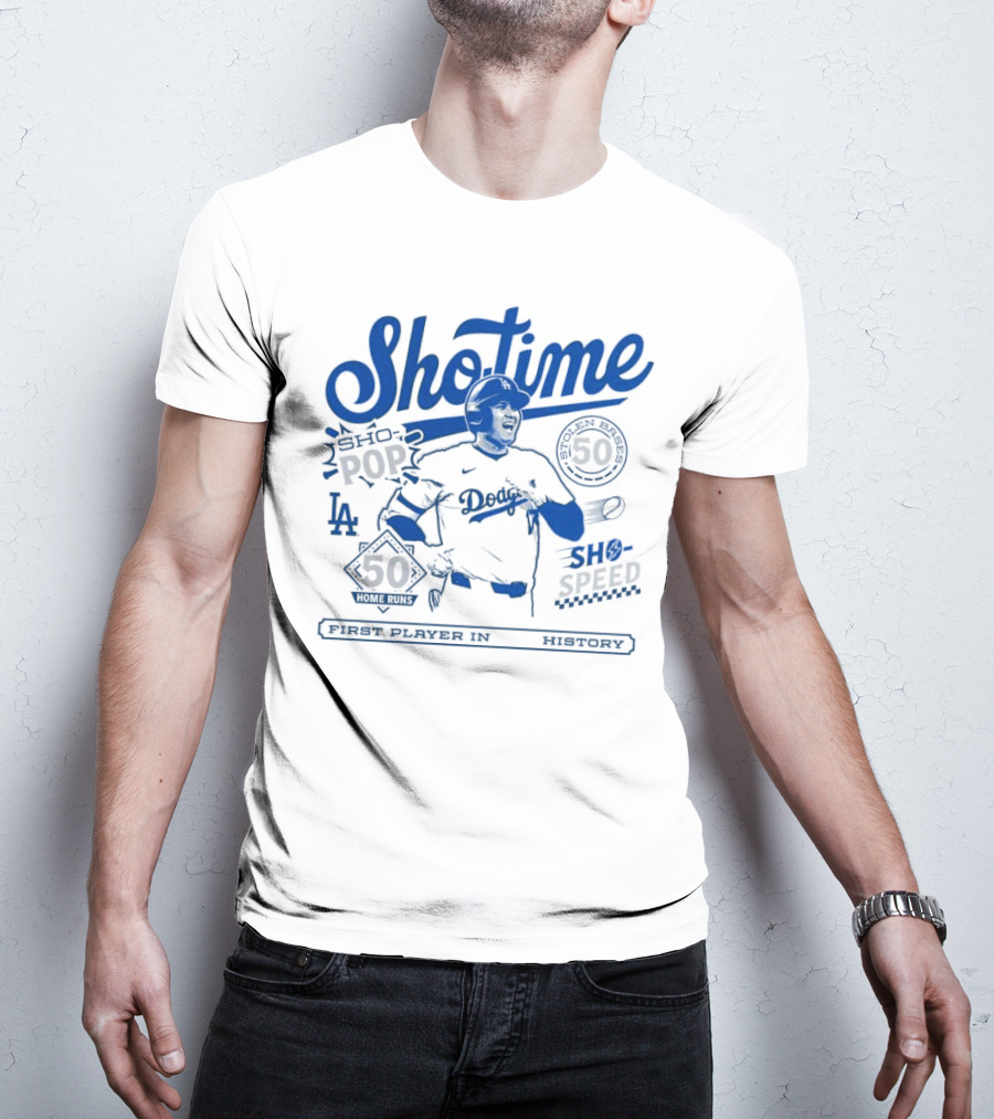 Shohei Ohtani Showtime Los Angeles Dodgers 50 Home Runs 50 Stolen Bases Sho Pop Sho Speed First Player In History T-Shirt