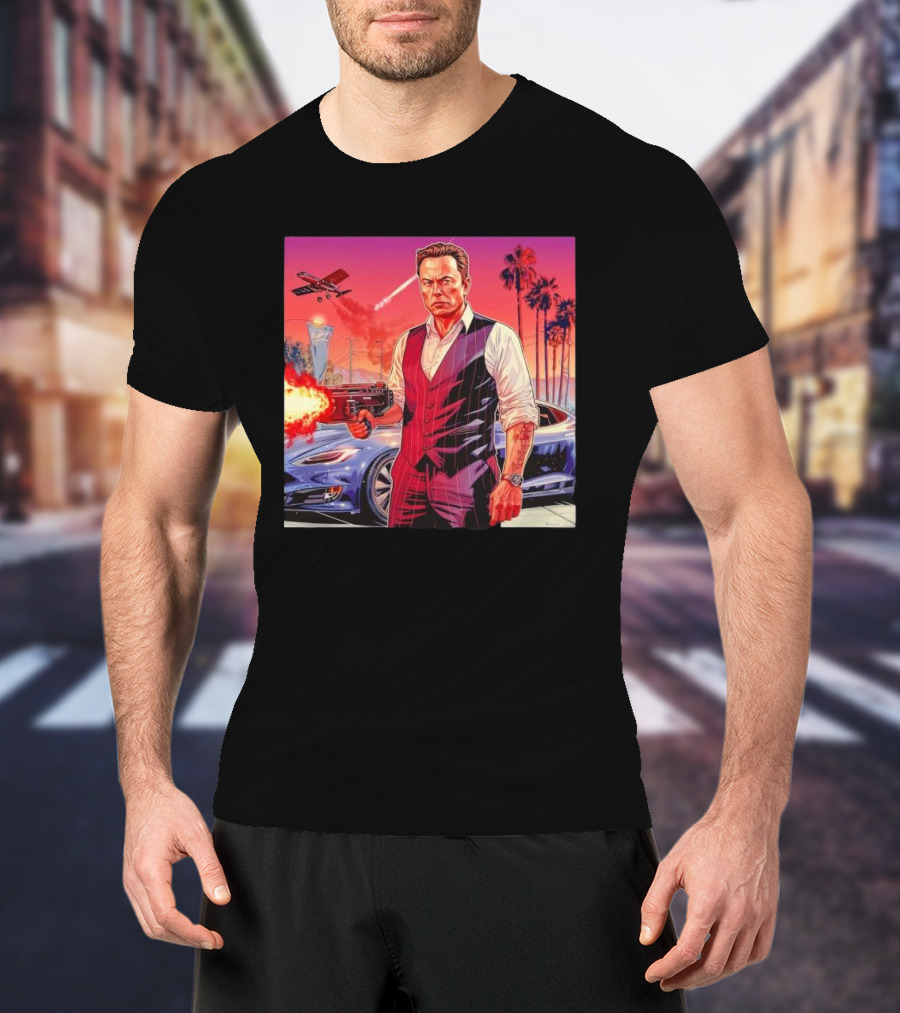 Grand Theft Auto Elon Musk Sunset Shootout With Palm Trees And Jetstream T-Shirt