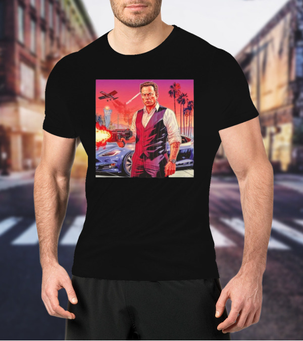 Grand Theft Auto Elon Musk Sunset Shootout With Palm Trees And Jetstream T-Shirt