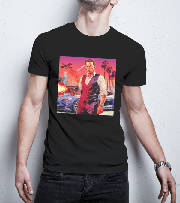 Grand Theft Auto Elon Musk Sunset Shootout With Palm Trees And Jetstream T-Shirt