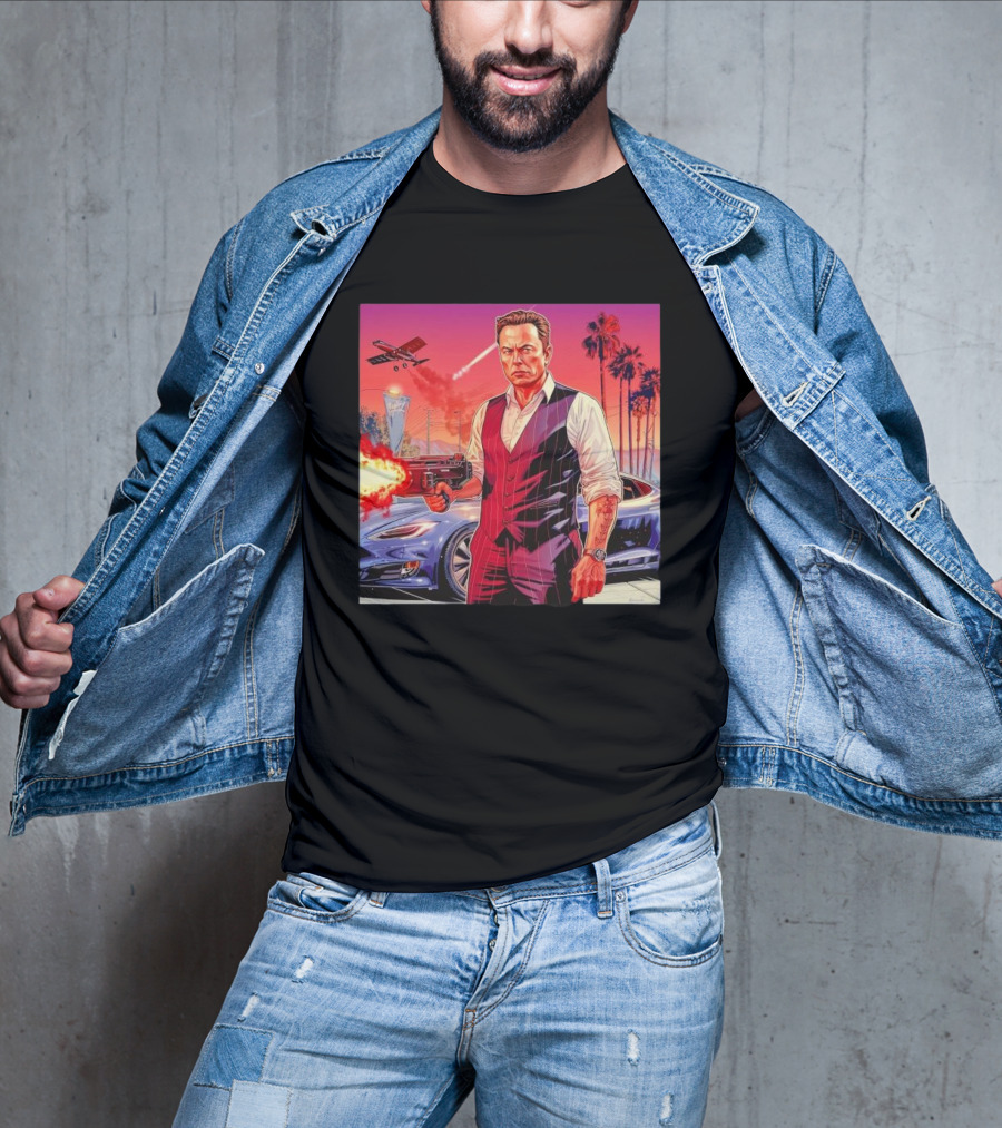 Grand Theft Auto Elon Musk Sunset Shootout With Palm Trees And Jetstream T-Shirt