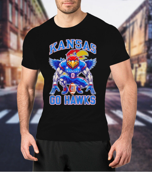Kansas Jayhawks Go Hawks Fierce Mascot Football T-Shirt