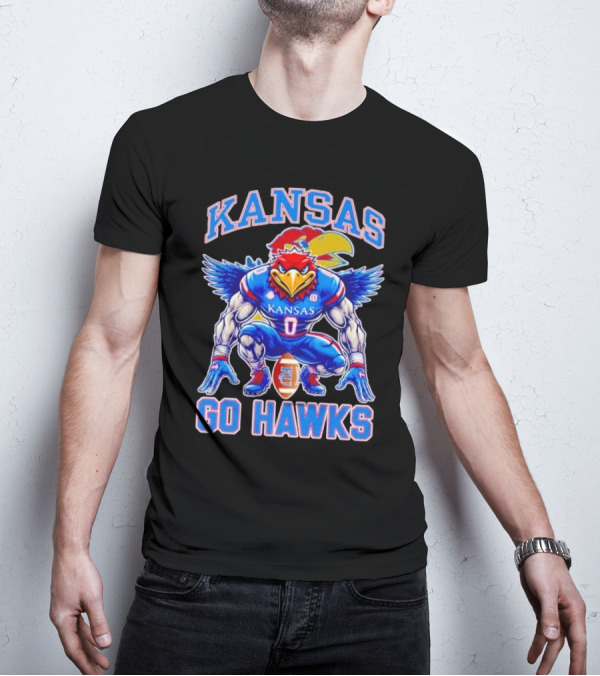 Kansas Jayhawks Go Hawks Fierce Mascot Football T-Shirt
