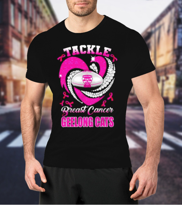 Tackle Breast Cancer Geelong Cats Pink Ribbon Football Heart T-Shirt