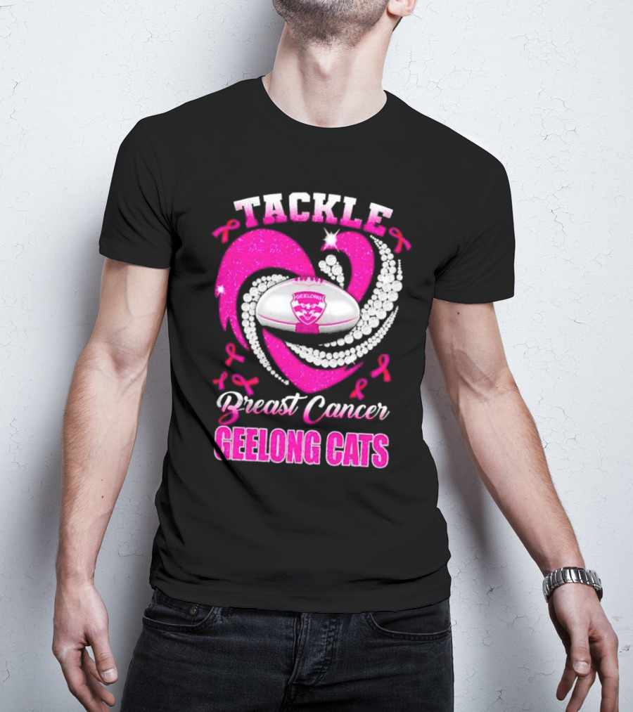 Tackle Breast Cancer Geelong Cats Pink Ribbon Football Heart T-Shirt
