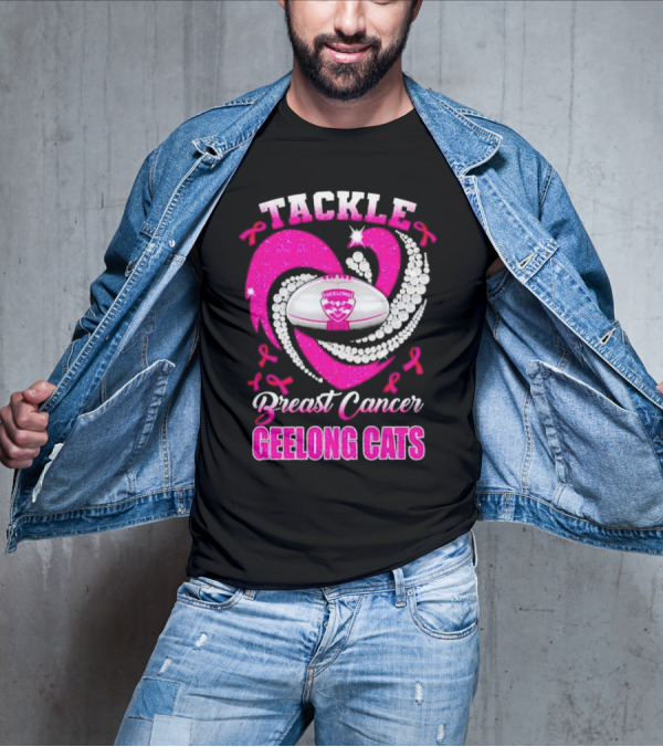 Tackle Breast Cancer Geelong Cats Pink Ribbon Football Heart T-Shirt