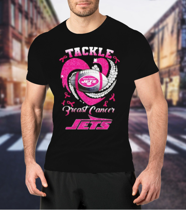 Tackle Breast Cancer New York Jets Football Heart Pink Ribbons T-Shirt