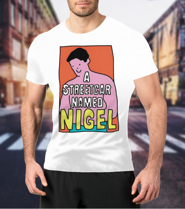 A Streetcar Named Nigel Pink Cartoon Character With Orange Background T-Shirt
