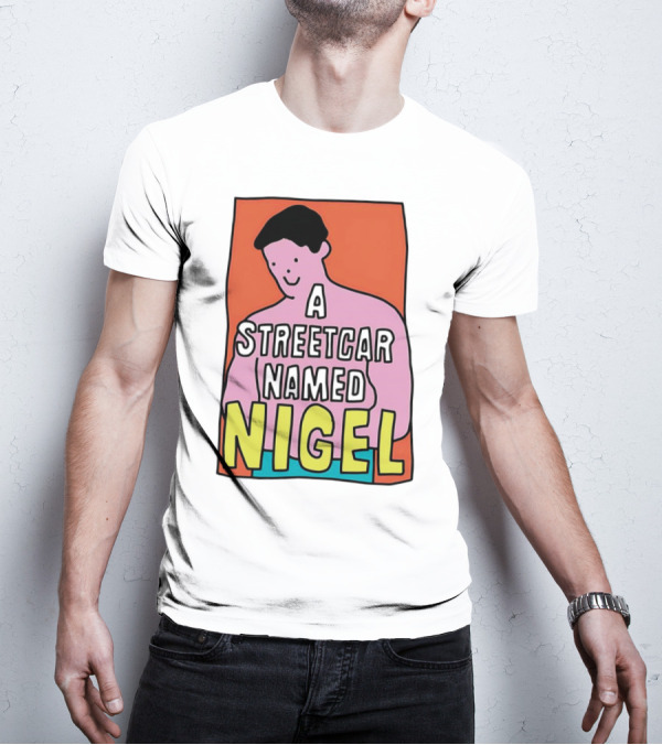 A Streetcar Named Nigel Pink Cartoon Character With Orange Background T-Shirt