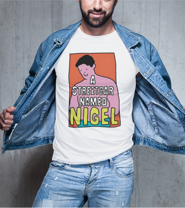 A Streetcar Named Nigel Pink Cartoon Character With Orange Background T-Shirt