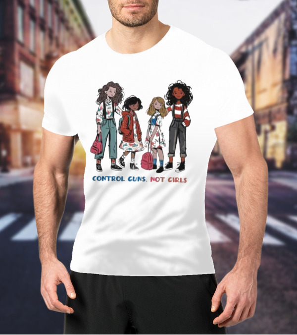 CONTROL GUNS NOT GIRLS WITH FOUR DIVERSE GIRLS HOLDING BACKPACKS T-Shirt