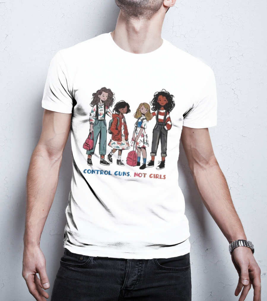CONTROL GUNS NOT GIRLS WITH FOUR DIVERSE GIRLS HOLDING BACKPACKS T-Shirt