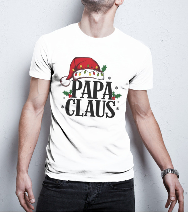 Papa Claus Christmas Santa Hat Holly Lights Snowflakes T-Shirt