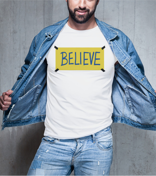 Ted Lasso Believe Sign Taped Yellow Background T-Shirt