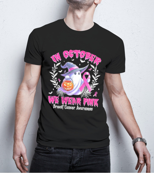 In October We Wear Pink Breast Cancer Awareness Ghost With Pumpkin And Witch Hat T-Shirt