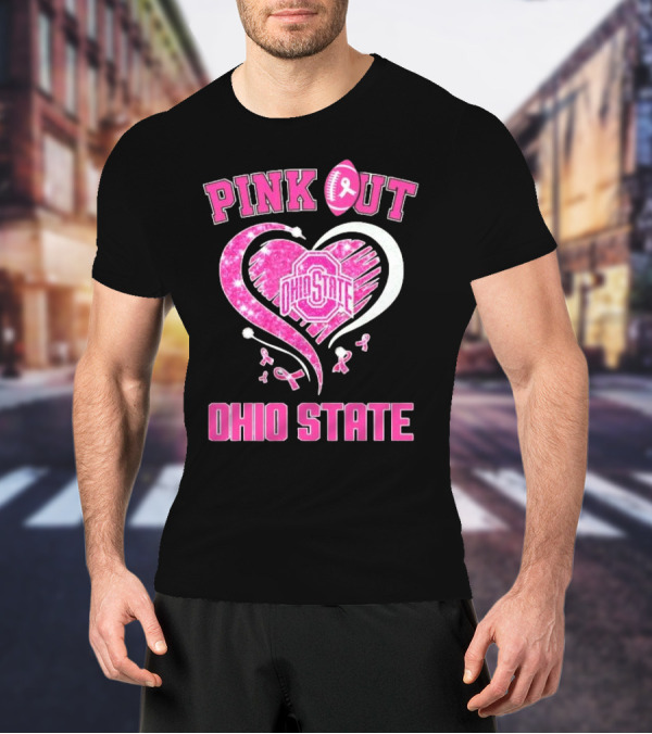 Ohio State Pink Out Breast Cancer Heart Football T-Shirt