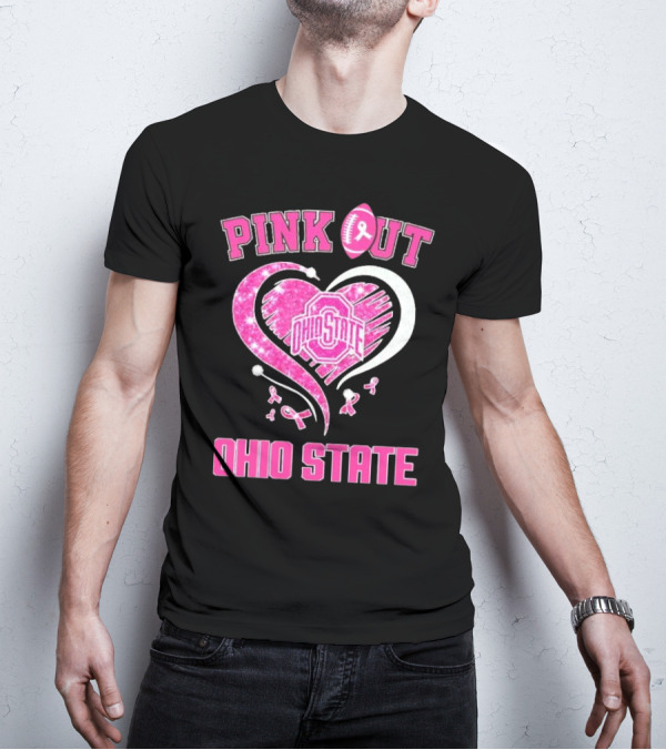 Ohio State Pink Out Breast Cancer Heart Football T-Shirt