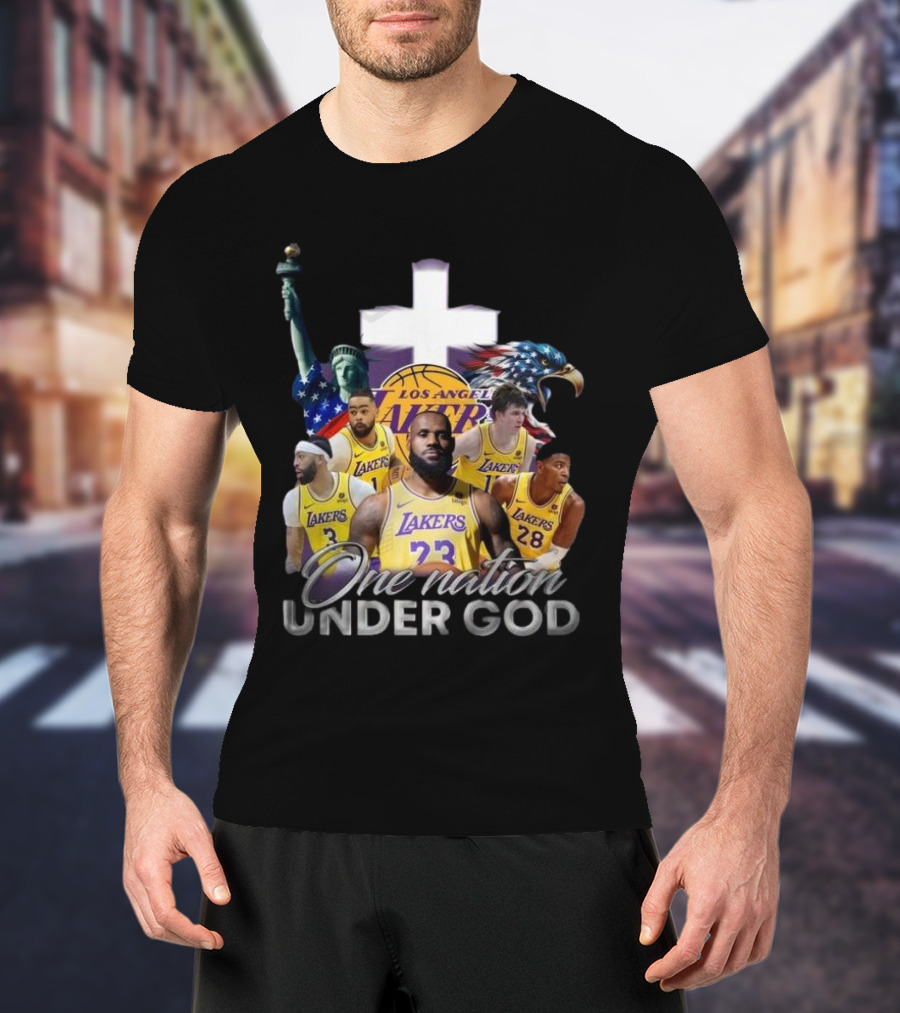 Los Angeles Lakers One Nation Under God Statue Of Liberty Cross Eagle Basketball Players T-Shirt