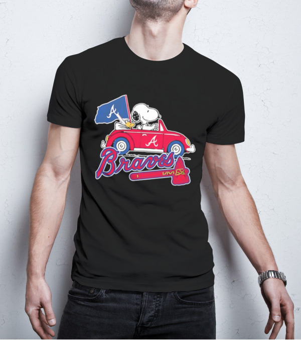 Snoopy And Woodstock Driving Car Atlanta Braves Logo Peanuts Cartoon T-Shirt