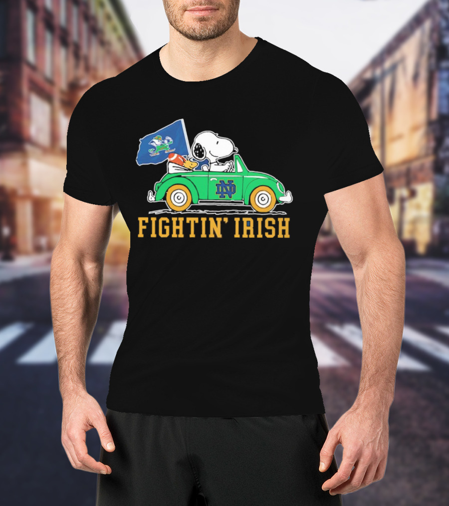 Snoopy And Woodstock Driving ND Car Fightin' Irish T-Shirt
