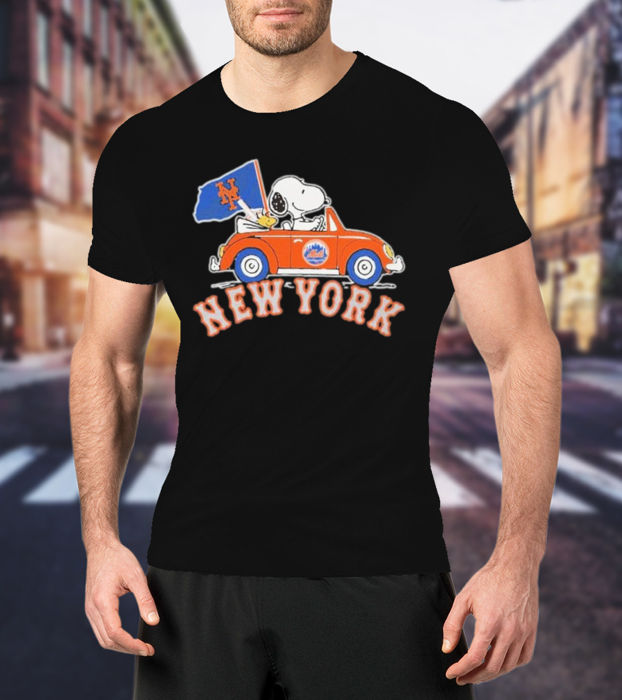 Snoopy Driving Car With New York Mets Flag T-Shirt