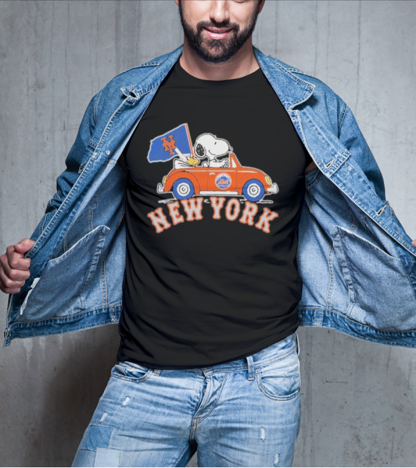 Snoopy Driving Car With New York Mets Flag T-Shirt