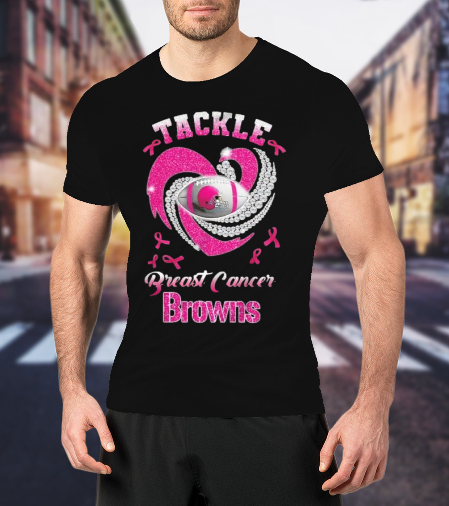Tackle Breast Cancer Browns Pink Ribbon Football T-Shirt