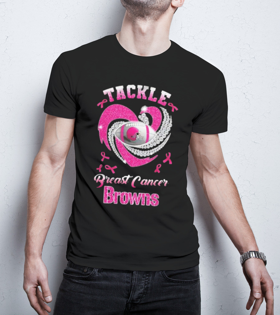 Tackle Breast Cancer Browns Pink Ribbon Football T-Shirt